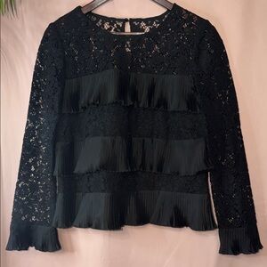 J. Crew Black Lace & Pleated Ruffle Long-Sleeve Blouse